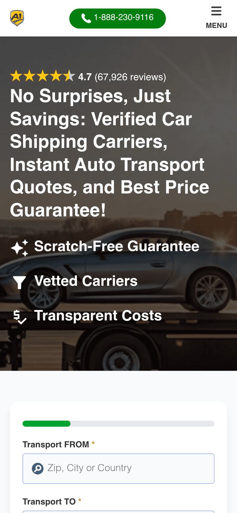 A-1 Auto Transport mobile website screenshot